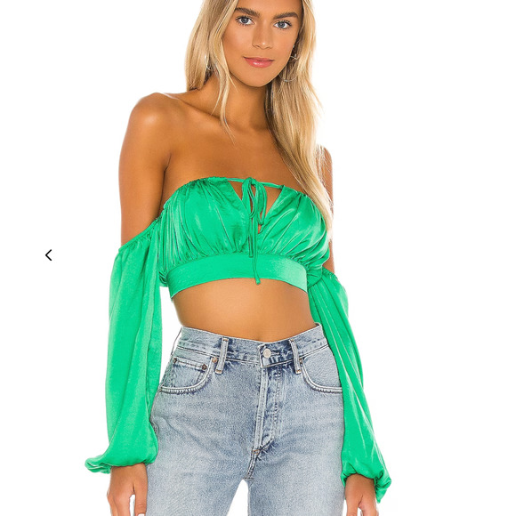Superdown Reyba Off‎ Shoulder Crop Top Green Satin Keyhole Long Sleeve Sz XS - Picture 3 of 12